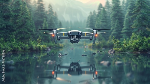 Vector illustration depicting a drone with remote control flying over a forest and lake, capturing photography and video. photo
