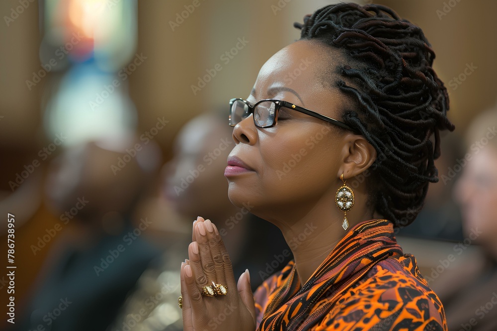 A woman with glasses and a leopard print shirt is praying in a church with other people in the