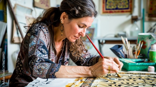 An artist in her studio, painting Islamic calligraphy that weaves together art, devotion, and the beauty of the Arabic script.