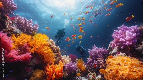 A group of divers exploring a vibrant coral reef teeming with colorful marine life
