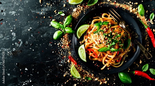 An artistic arrangement of Pad Thai, with noodles elegantly twirled on a fork, surrounded by a halo of herbs and lime wedges, ready for a menu shoot.