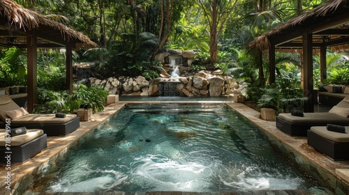 A luxurious spa retreat nestled in the heart of the jungle, with open-air pavilions