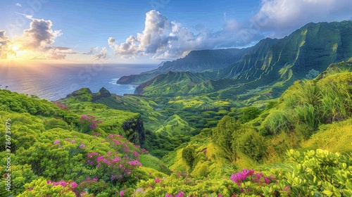 A majestic waterfall cascading down a verdant mountainside, with lush tropical vegetation framing the scene and a rainbow arching gracefully overhead.