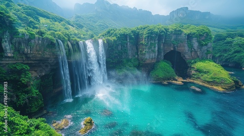 A majestic waterfall cascading down a verdant mountainside, with lush tropical vegetation framing the scene and a rainbow arching gracefully overhead.