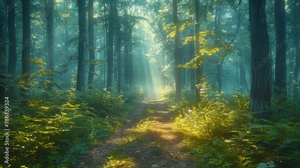 Obraz premium A tranquil forest path winding through towering trees, dappled sunlight filtering through the canopy