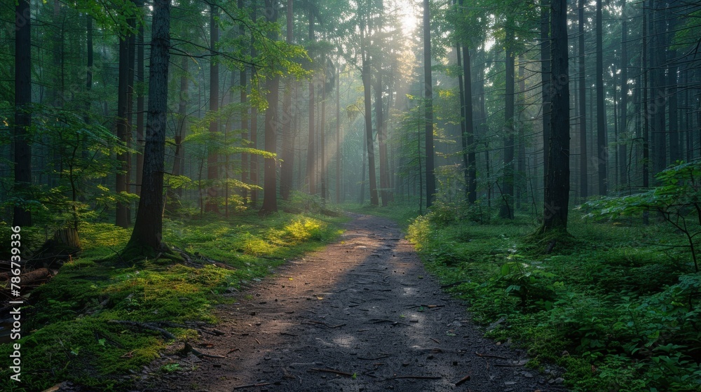 Obraz premium A tranquil forest path winding through towering trees, dappled sunlight filtering through the canopy