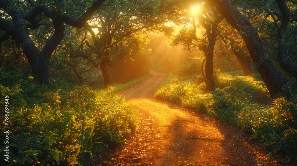 A tranquil forest path winding through towering trees, dappled sunlight filtering through the canopy - obrazy, fototapety, plakaty 