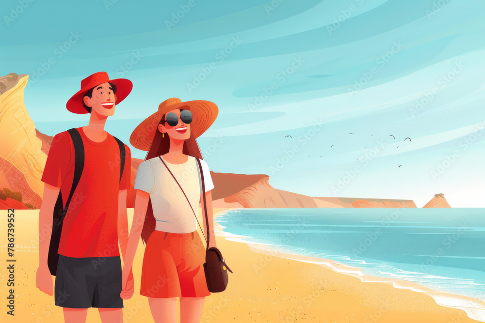 Illustration of a happy couple on a beach holiday, with scenic coastal cliffs and a bright blue sky in the background.