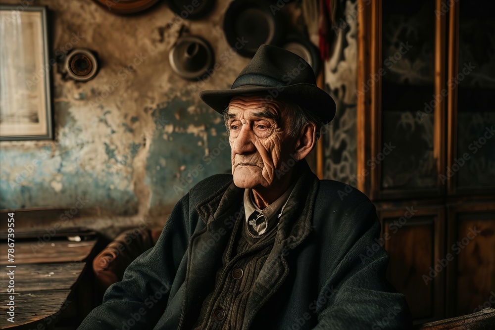 Portrait of an old man in a hat sitting at the table. Portrait of an old man in a hat sitting at the table.