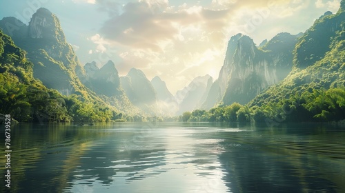 Scenic river and mountain landscape, cinematic beauty. #786739528