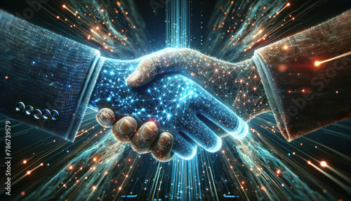 handshake composed of digital mesh networks, signifying connectivity, partnership, and technology integration