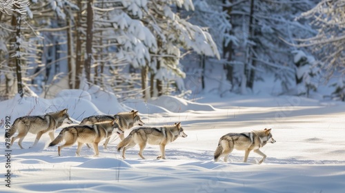 A majestic wolf pack moving silently through the forest, their tracks weaving a delicate pattern in the fresh snow, reflecting the unity and strength of their family bond.