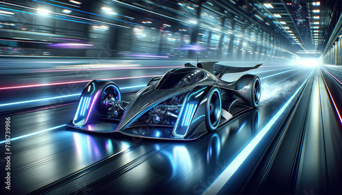 advanced and dynamic race car speeding down a futuristic track. The design of the car is sleek with an aerodynamic