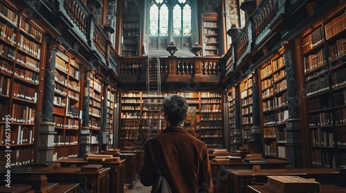 A data scientist at an old library converting ancient texts into digital data, in a mysterious, historical fiction style. photo