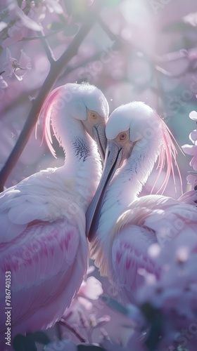 Enchanting image of two pink and white spoonbills touching beaks amid blossoming trees, evoking themes of love and springtime renewal.