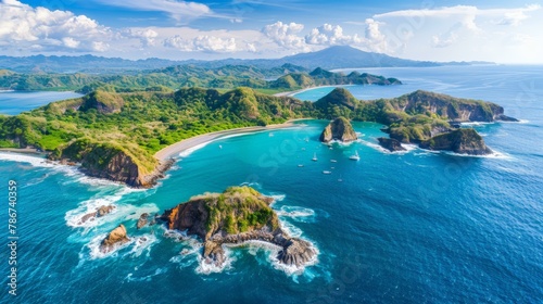 Beautiful aerial view of lush green islands with turquoise waters and rocky coastlines, ideal for tropical vacation themes, summer escapades, or nature adventures.