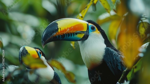 Vibrant image of two toucans with striking  colorful beaks nestled among lush green foliage  embodying tropical beauty and wildlife themes.