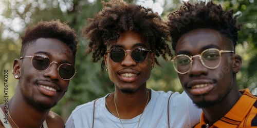 Cheerful trio of young Black men smiling in summer park, wearing stylish sunglasses, close friendship vibes. photo