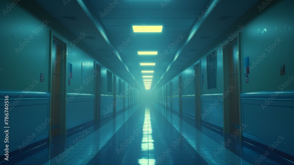 Mysterious blue-toned corridor illuminated by fluorescent lights, reminiscent of sci-fi movies, eerie and suspenseful, perfect for thriller themes. Copy space.