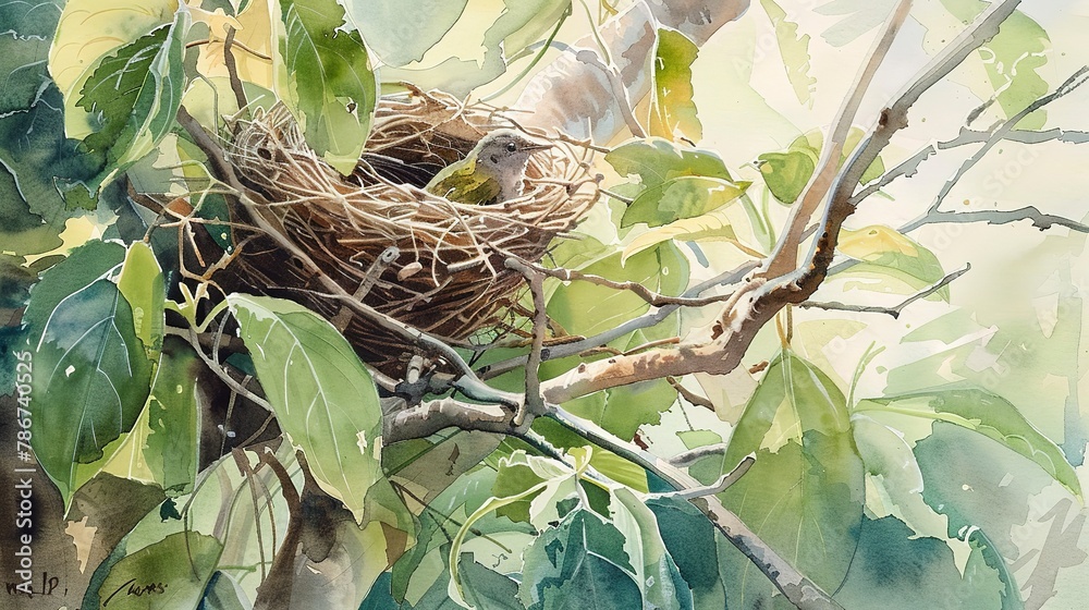 Fototapeta premium Watercolor, Bird’s nest in branches, close up, high canopy, secure haven