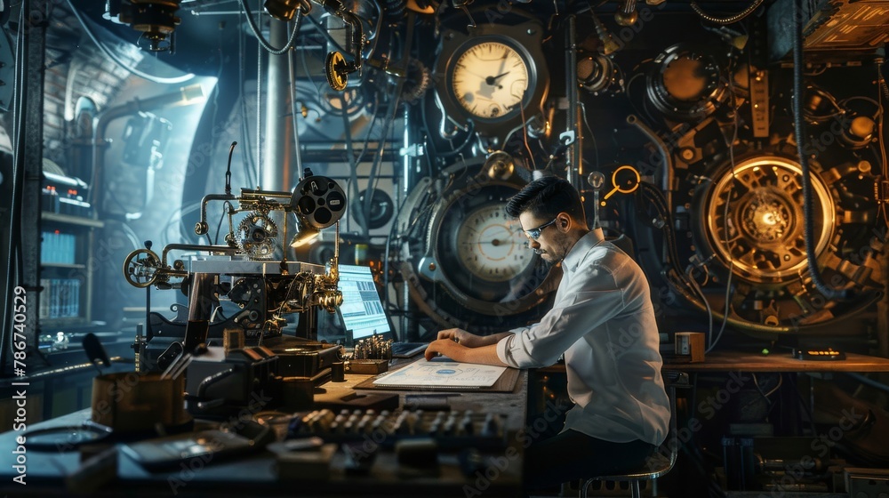 A DevOps engineer in an underground lab using old and new technology to maintain server integrity, in a steampunk, industrial style.