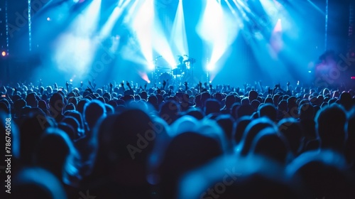 Vibrant music festival with countless enthusiastic fans enjoying live band performance under blue stage lights, capturing festival spirit and joyous gatherings. photo