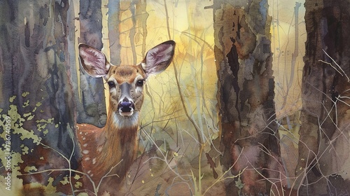 Watercolor, Deer through trees, close up, cautious gaze, twilight, serene photo