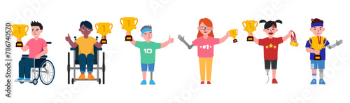 Group of sports people with with physical disability holding trophy cups on white background