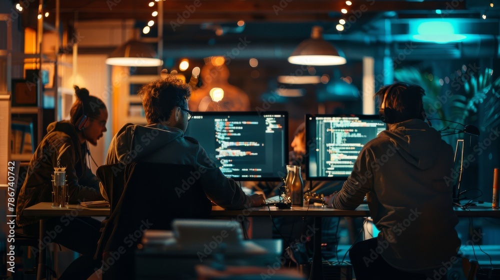 A DevOps team in a bustling tech hub, deploying code with seamless precision, in a documentary photography style.