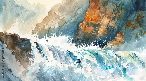 Watercolor, Waterfall cascade over cliff, close up, sheer power, mountain backdrop 