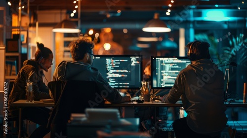 A DevOps team in a bustling tech hub, deploying code with seamless precision, in a documentary photography style.