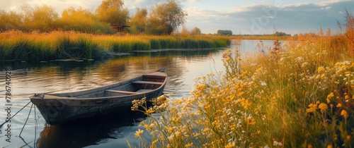 Rustic wooden boat gliding on tranquil river, adorned with vibrant yellow flowers. 🚣‍♂️🌼 Serene journey through nature's beauty, a splash of sunshine on the water. #RiverIdyll