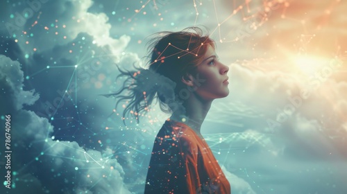 A female cloud engineer programming in a serene, high-altitude cloud-like environment, in an ethereal, abstract style.