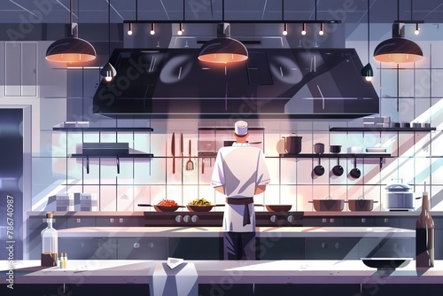 chef preparing gourmet dish in upscale restaurant kitchen rear view culinary arts concept illustration