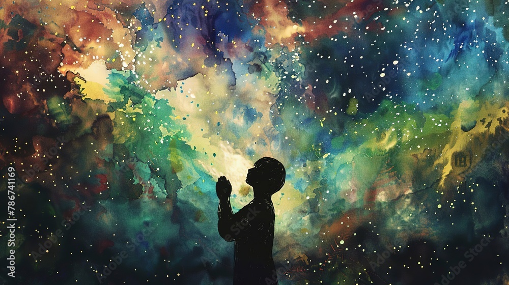 Watercolor, Stargazer's silhouette, close up, gazing up, awe, vast universe Watercolor, Stargazer's silhouette, close up, gazing up, awe, vast universe