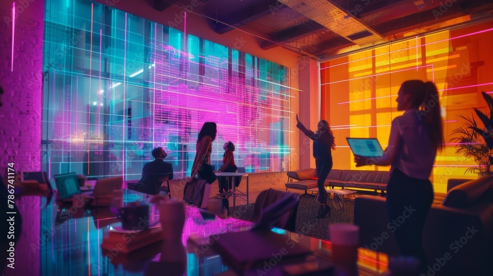 A group of data scientists celebrating a breakthrough, viewing a 3D hologram of their data model, in a vibrant office, styled as modern.