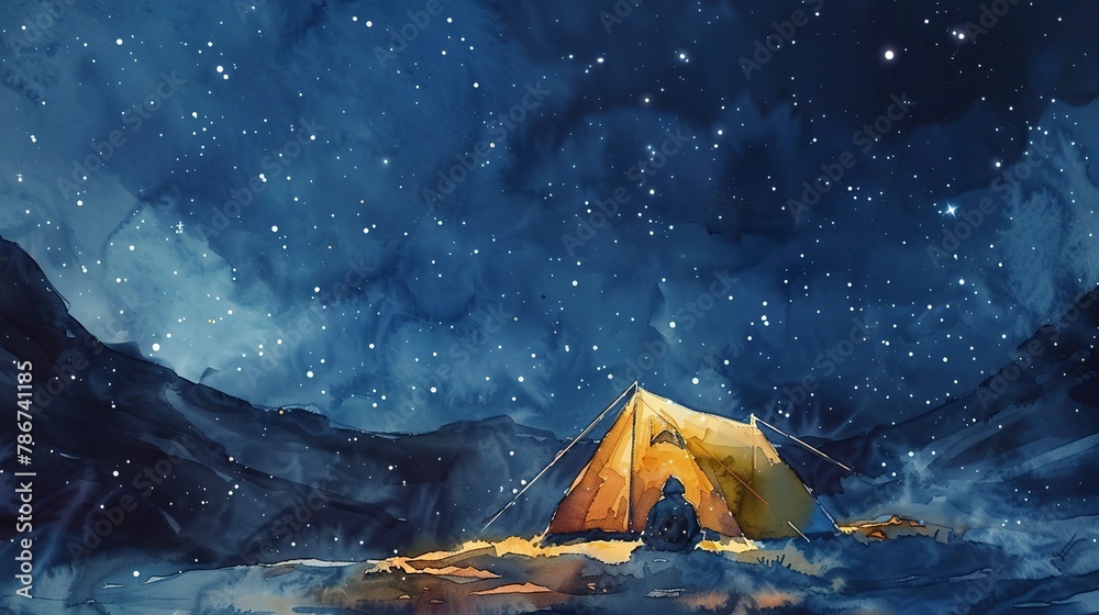Watercolor, Glowing tent under starry sky, close up, cozy haven, mountain solitude - obrazy, fototapety, plakaty 