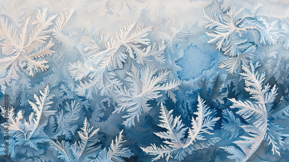 Watercolor, Frost patterns on ice, close up, intricate designs, cold morning Watercolor, Frost patterns on ice, close up, intricate designs, cold morning