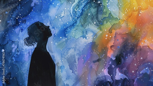 Watercolor, Stargazer's silhouette, close up, gazing up, awe, vast universe #786741163