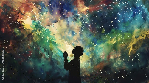 Watercolor, Stargazer's silhouette, close up, gazing up, awe, vast universe  photo