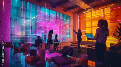 A group of data scientists celebrating a breakthrough, viewing a 3D hologram of their data model, in a vibrant office, styled as modern.