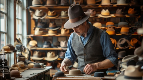 A hat maker shaping a felt hat on an old-fashioned hat block  surrounded by an array of finished hats on display.