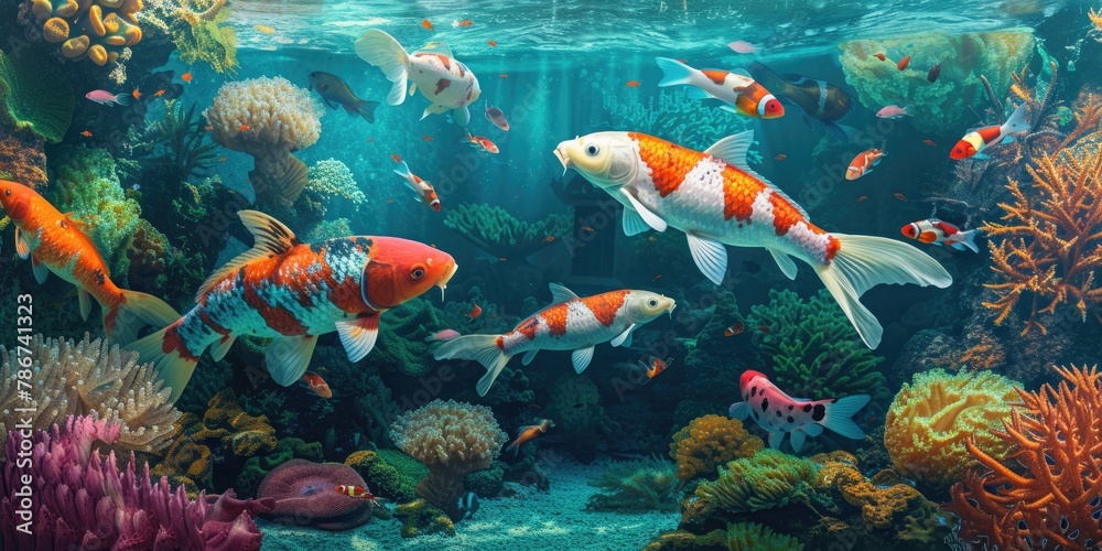 Naklejka premium A vibrant gathering of koi fish and other colorful aquatic companions 🐠🌈 A lively underwater community in full bloom! #ColorfulAquariumLife