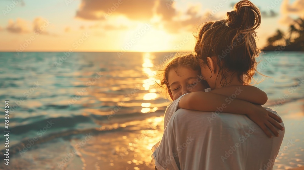 A peaceful image of a mother and daughter hugging tightly on a quiet beach at sunset, the horizon stretching out before them, symbolizing the strength and support they find in each other.