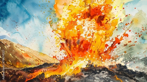 Watercolor, Volcanic bomb in mid-air, close up, eruption, mountain fury