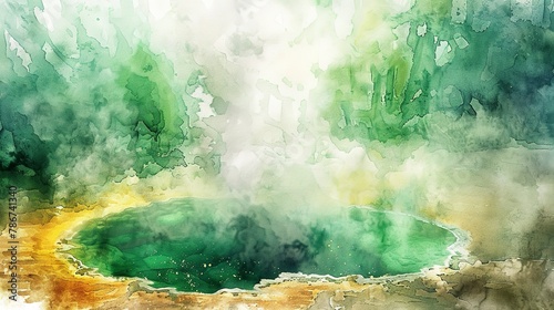 Watercolor, Thermal spring near volcano, close up, steaming water, lush green contrast photo