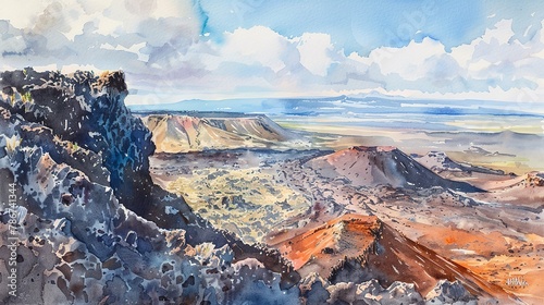 Watercolor, Volcanic crater rim, close up, rugged edge, vast caldera beyond