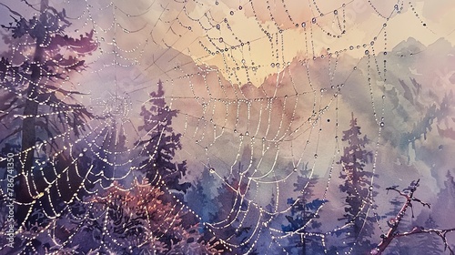 Watercolor, Dew drops on spider web, close up, misty mountain backdrop, dawn light