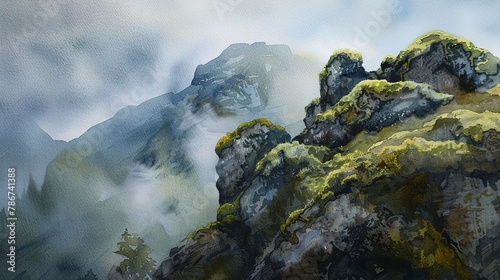Watercolor, Rock face, close up, moss-covered, fog rolling over mountain behind