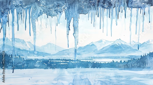 Watercolor, Icicle dripping, close up, with wide alpine panorama in the distance, winter